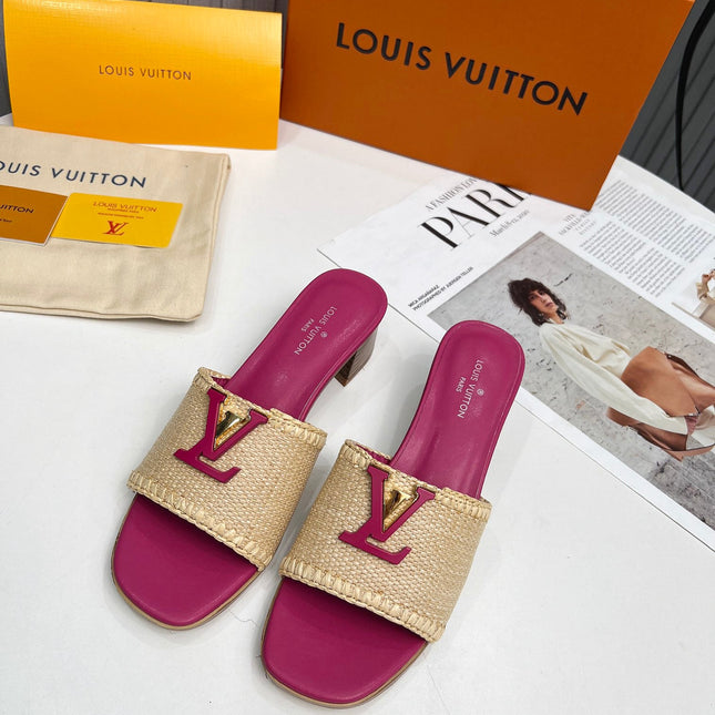 LV 26S CAPRI HIGH-HEELED MULES IN PINK CALFSKIN AND BEIGE RAFFIA