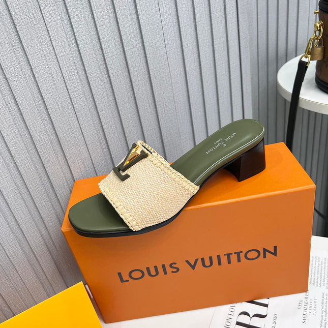 LV 26S CAPRI HIGH-HEELED MULES IN MOSS GREEN CALFSKIN AND BEIGE RAFFIA