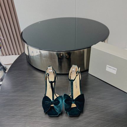 HIGH HEEL 10 SANDAL IN GREEN FOREST VELVET WITH BOW