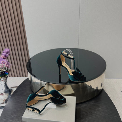 HIGH HEEL 10 SANDAL IN GREEN FOREST VELVET WITH BOW