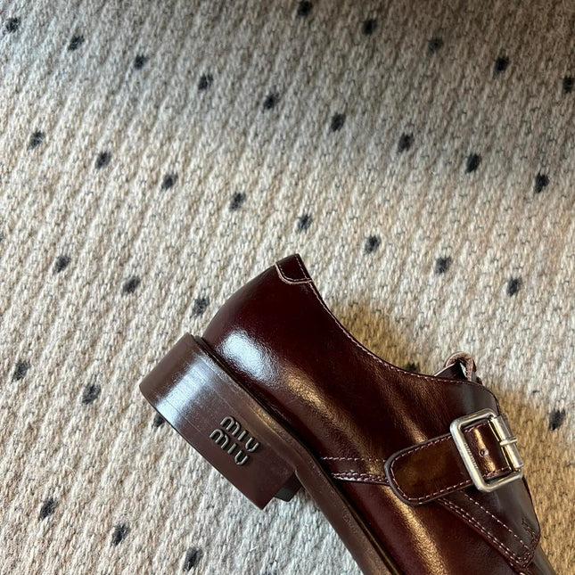 MIUMIU 26S SLIP-ON LOAFERS IN DARK REDDISH BROWN CALFSKIN SQUARE BUCKLE