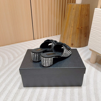 CC HIGH HEEL BLACK SATIN WITH WHITE RHINESTONES