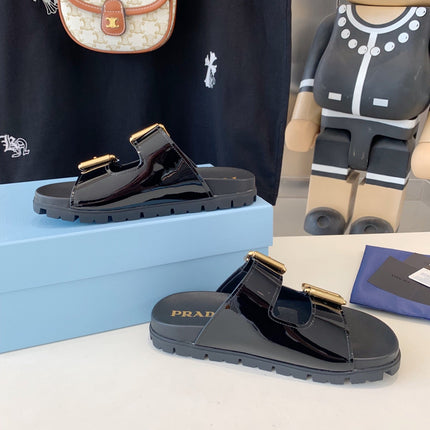 PRA STRAP SLIDES SANDALS GLOSSY BLACK CALFSKIN