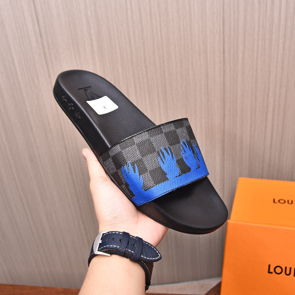 LV MULE SANDAL BLACK MIX BLUE DAMIER CALFSKIN