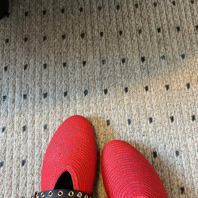 ALAIA MARY JANE SHOES IN CHERRY RED ZP CUSTOM STRAW AND DENIM