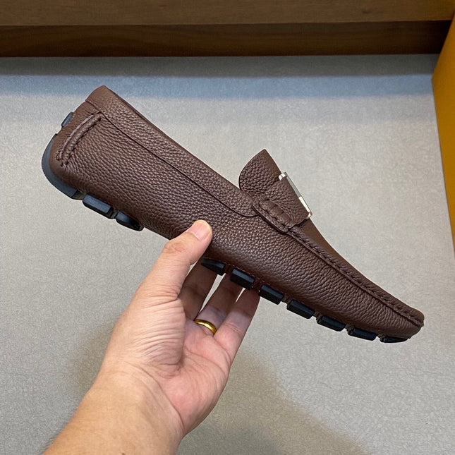 LV LOAFER IN CHOCOLATE BROWN WRINKLE CALFSKIN WITH SILVER LOGO