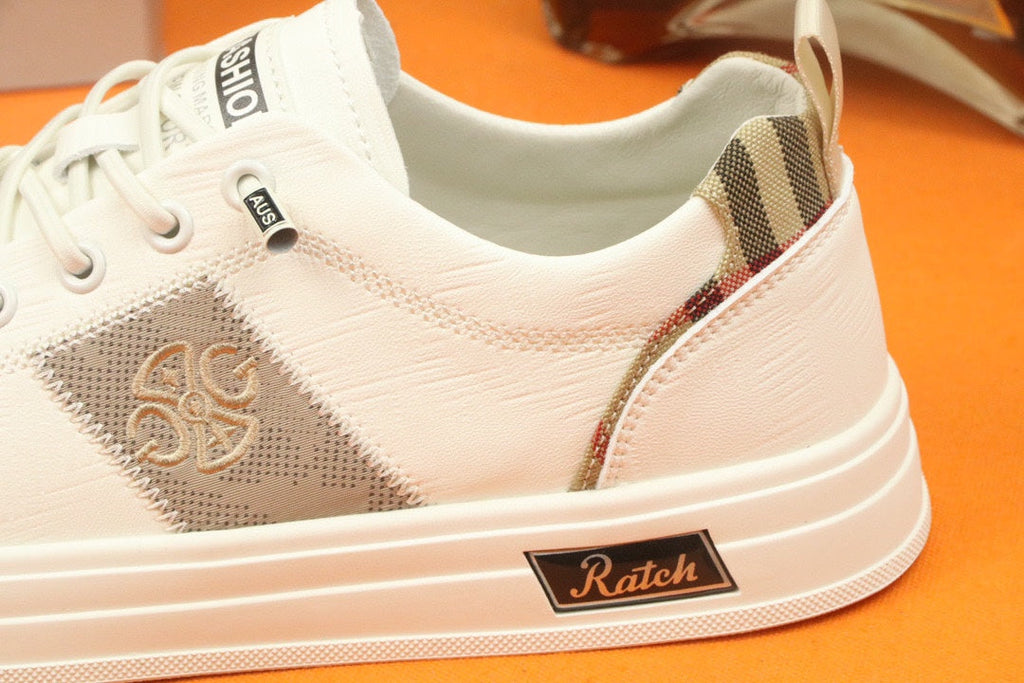PRA TRAINER IN WHITE CALFSKIN AND TAN EMBROIDERED FABRIC
