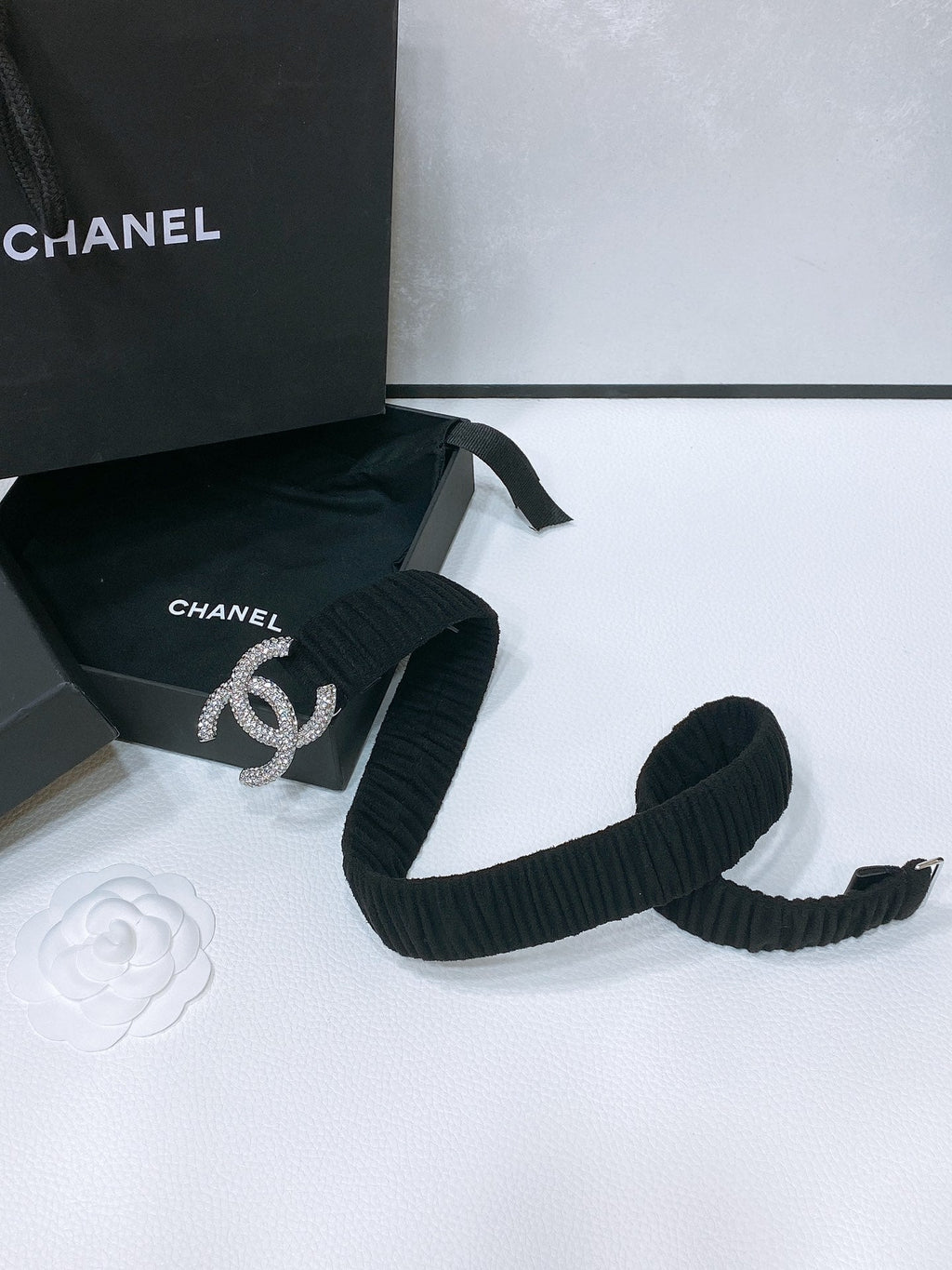 CC ELASTIC BELT 30MM IN BLACK WOOL FABRIC SILVER HARDWARE WITH RHINSTONES