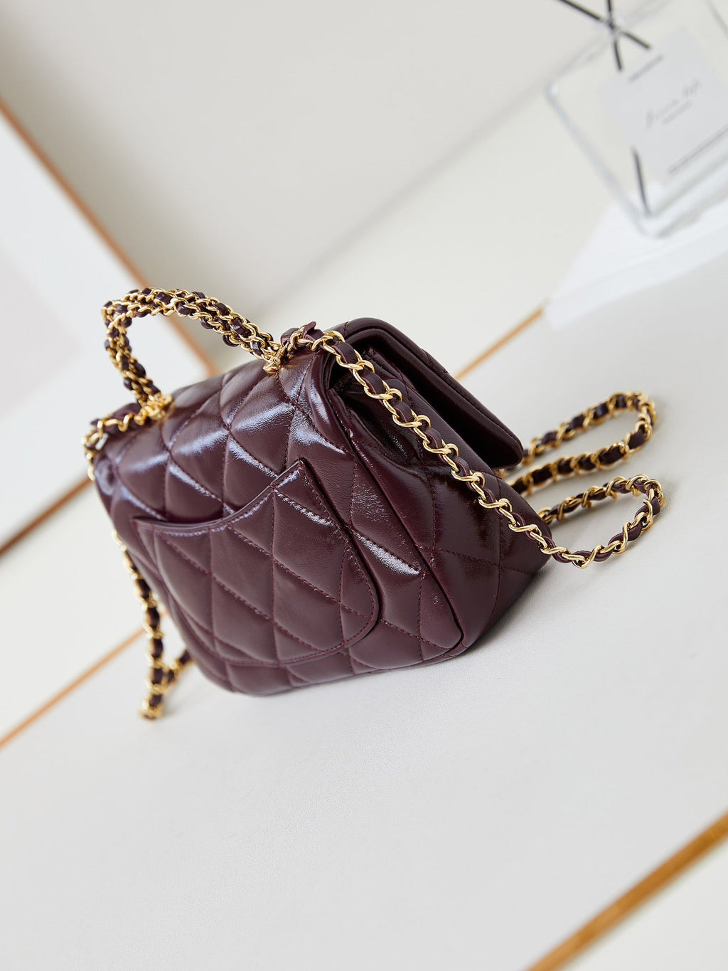 FLAP BAG WITH TOP HANDLE 18 IN WINE RED OIL-WAX LAMBSKIN GOLD HARDWARE