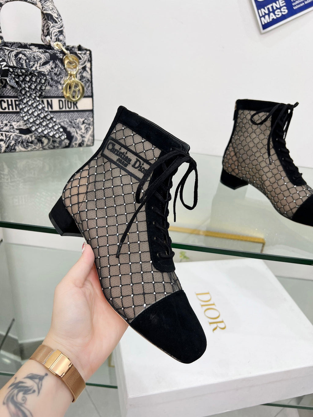 NAUGHTILY-D HEELED ANKLE BOOT IN BLACK EMBROIDERED MESH AND SUEDE 35 MM