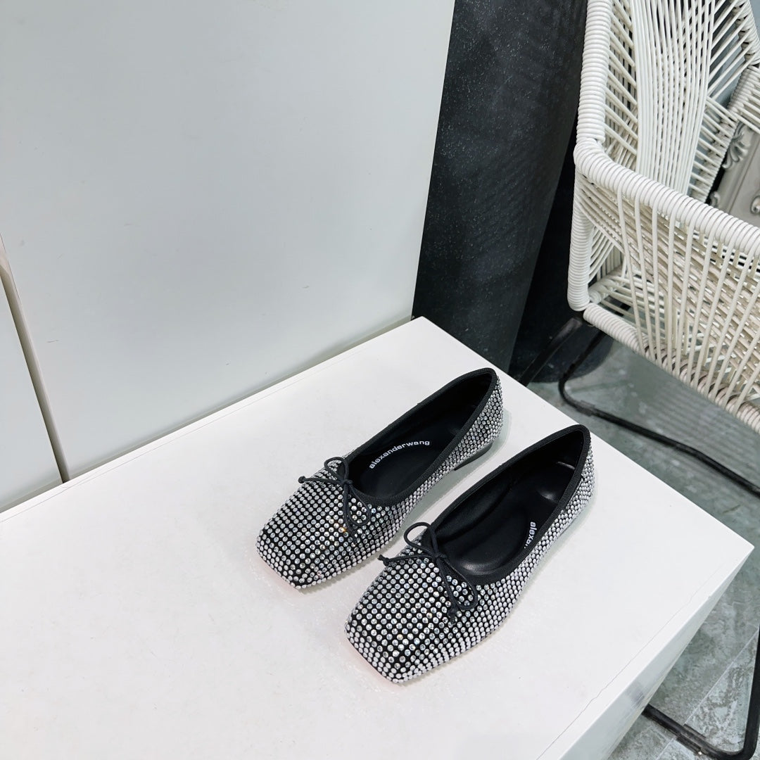 EMBELLISHED BILLIE FLATS IN BLACK MIX WHITE CRYSTAL SATIN