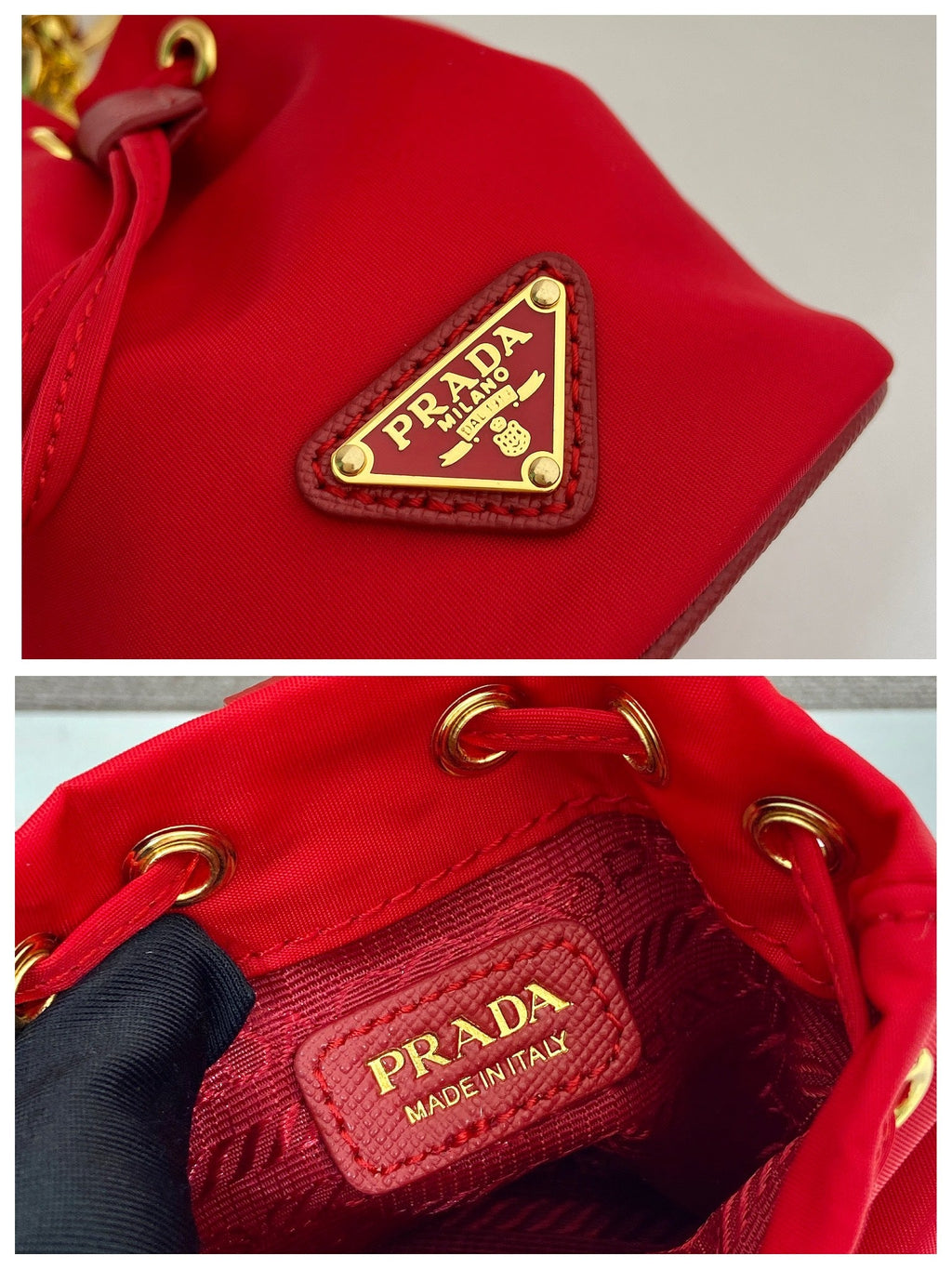 MINI BUCKET BAG 10 IN RED RE-NYLON AND SAFFIANO LEATHER STRAP