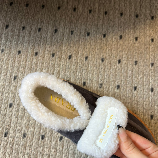 PRADA WHITE SHEARLING LOAFERS IN GREY SUEDE