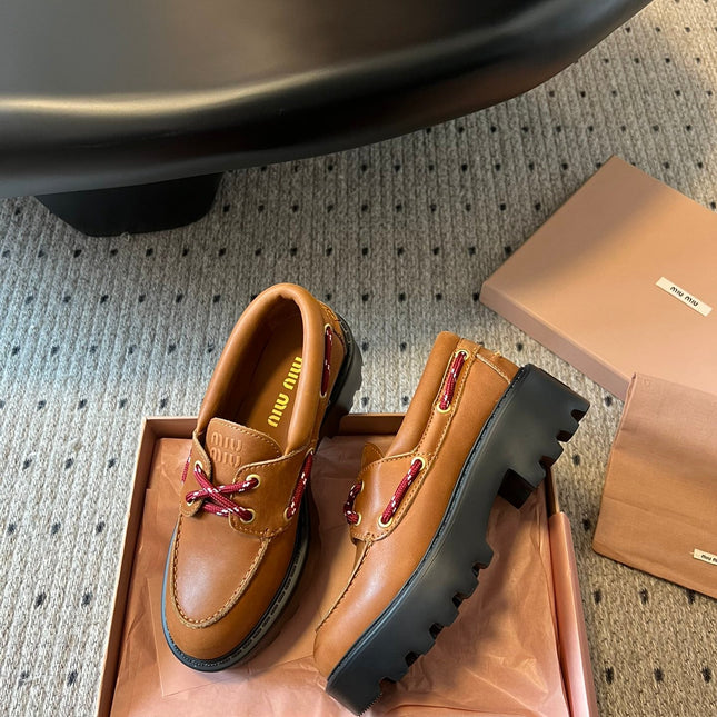 MIUMIU 26S CHUNKY SOLE LOAFERS IN TAN BROWN CALFSKIN