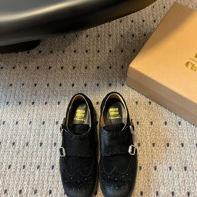 MIUMIU 26S LACE-UP BROGUE LOAFERS IN BLACK SUEDE