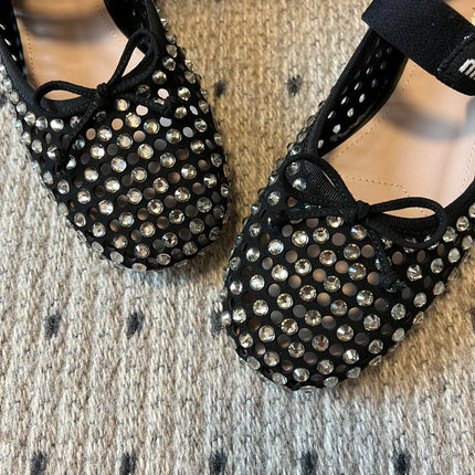 MIUMIU 26S BALLERINA FLATS IN BLACK MESH CALFSKIN WITH RHINESTONES