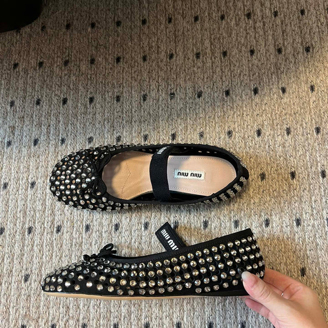 MIUMIU 26S BALLERINA FLATS IN BLACK MESH CALFSKIN WITH RHINESTONES