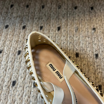 MIUMIU 26S BALLERINA FLATS IN LIGHT BEIGE MESH CALFSKIN WITH RHINESTONES