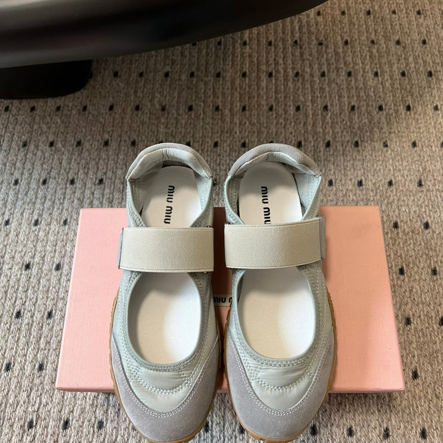 MIUMIU 26S BALLERINAS SHOES IN SAGE GREEN TYRE TECHNICAL FABRIC GREY SUEDE