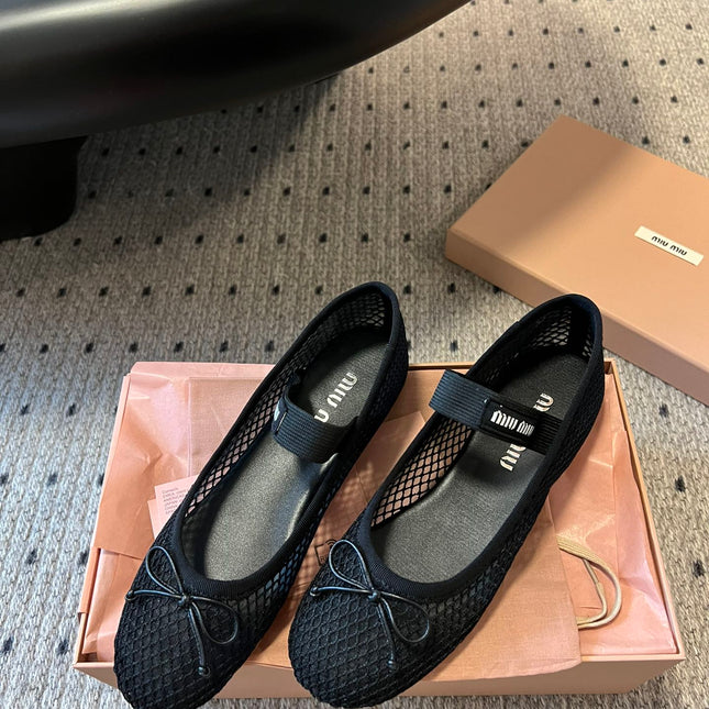 MIUMIU 26S BALLERINAS IN BLACK MESH FABRIC WITH BOW