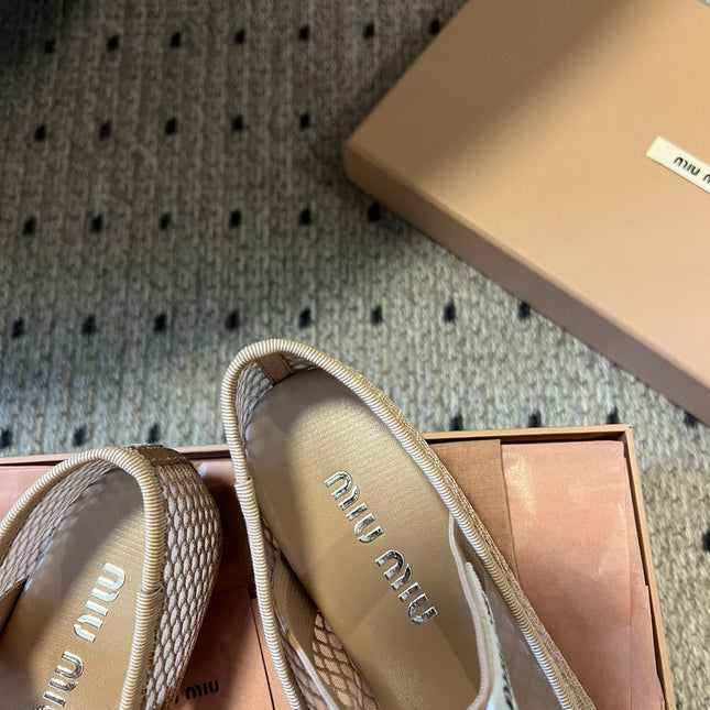 MIUMIU 26S BALLERINAS IN BEIGE MESH FABRIC WITH BOW