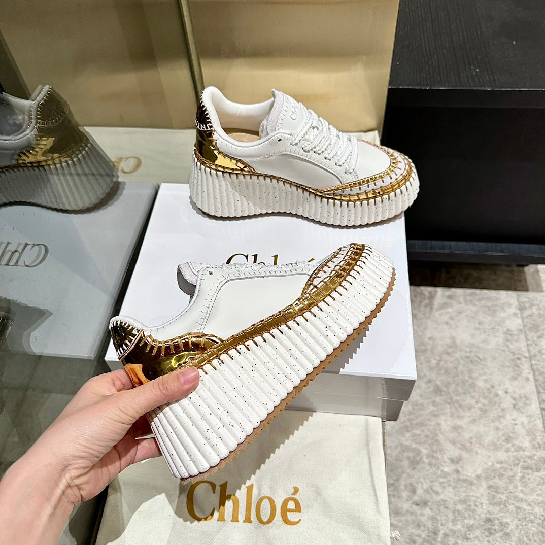 HAND-STITCHED DETAIL SNEAKERS IN WHITE  MIX GOLD CALFSKIN AND SUEDE