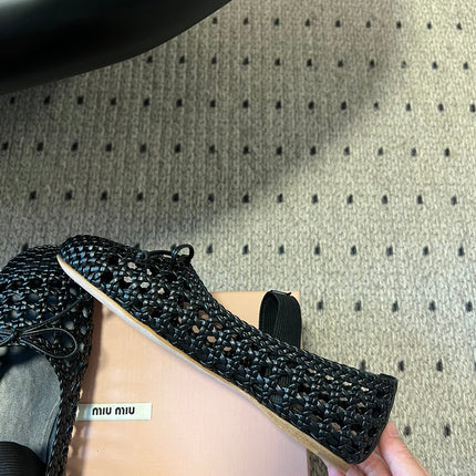 MIUMIU 26S BALLERINA FLATS IN BLACK MESH SHEEPSKIN