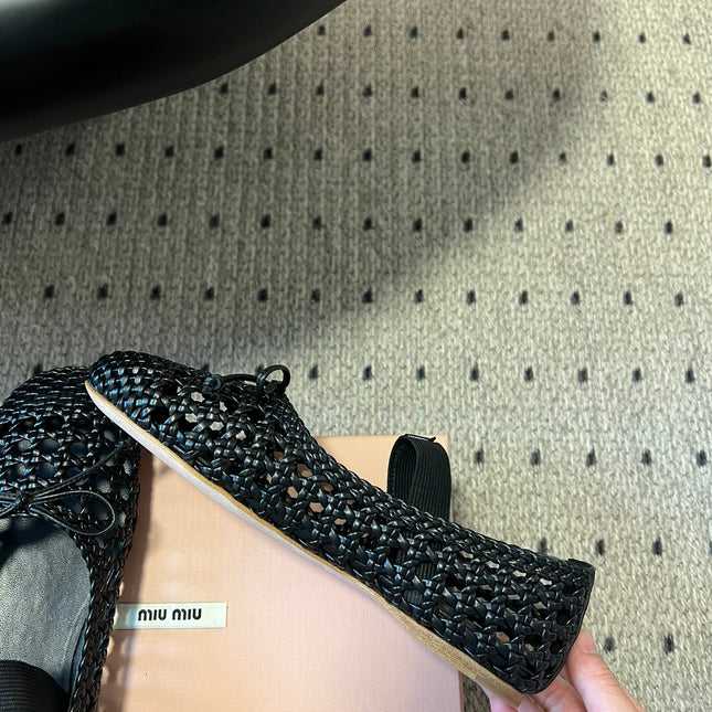 MIUMIU 26S BALLERINA FLATS IN BLACK MESH SHEEPSKIN