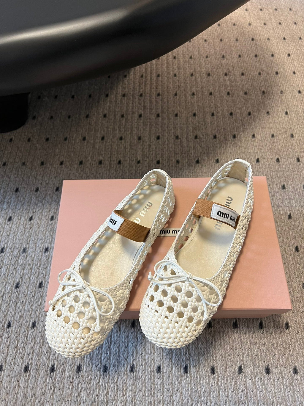 MIUMIU 26S BALLERINA FLATS IN CREAM WHITE MESH SHEEPSKIN