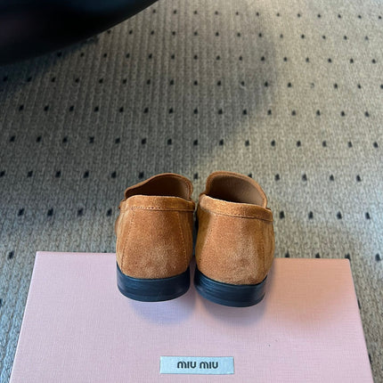 MIUMIU 26S LOAFERS IN CARAMEL BROWN SUEDE
