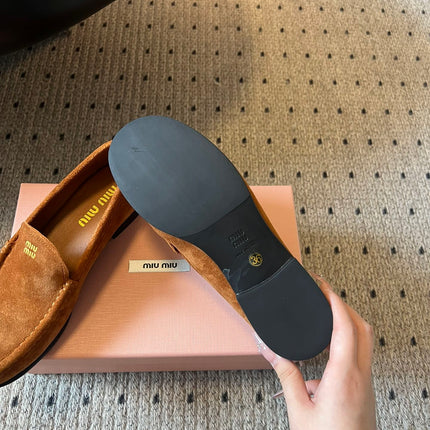 MIUMIU 26S LOAFERS IN CARAMEL BROWN SUEDE