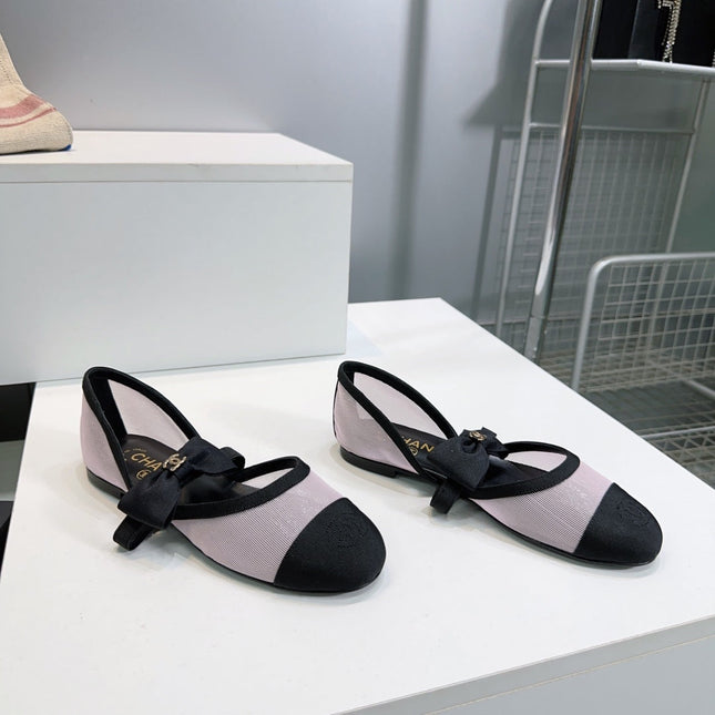 CHANEL FLAT MARY JANE SHOES 25S IN LIGHT PURPLE MIX BLACK MESH FABRIC EMBOSSED LOGO WITH BOW