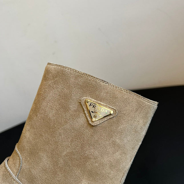 PRADA 25S PLATFORM ANKLE BOOTS IN BEIGE SUEDE WITH GOLD HARDWARE
