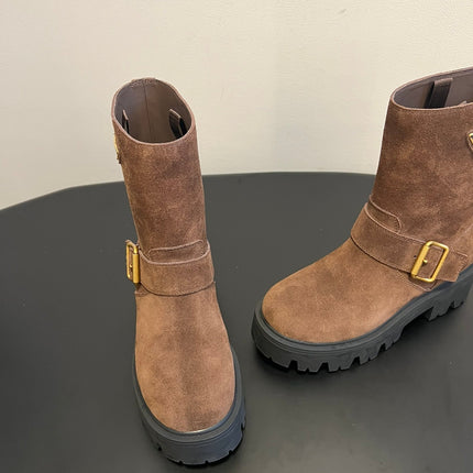 PRADA 25S PLATFORM ANKLE BOOTS IN BROWN SUEDE WITH GOLD HARDWARE