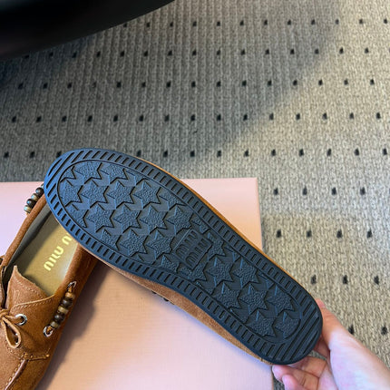 MIUMIU 26S TASSEL LOAFERS IN CARAMEL BROWN SUEDE
