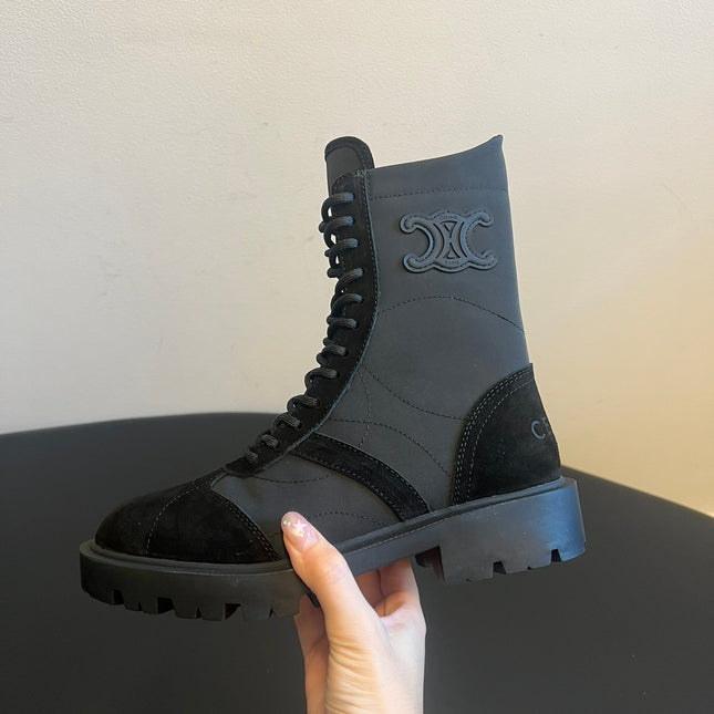 CELINE 26S LACE-UP ANKLE BOOTS IN BLACK SUEDE AND FABRIC