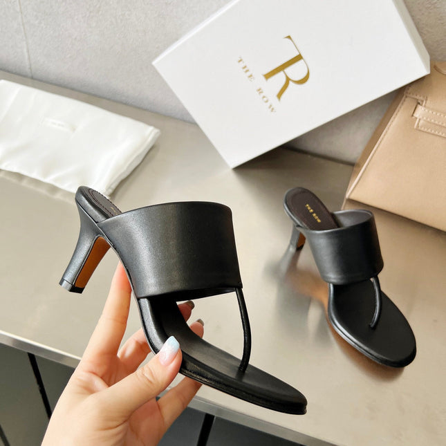 THE ROW 26S HEELED THONG MULES 60MM IN BLACK CALFSKIN