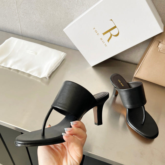 THE ROW 26S HEELED THONG MULES 60MM IN BLACK CALFSKIN