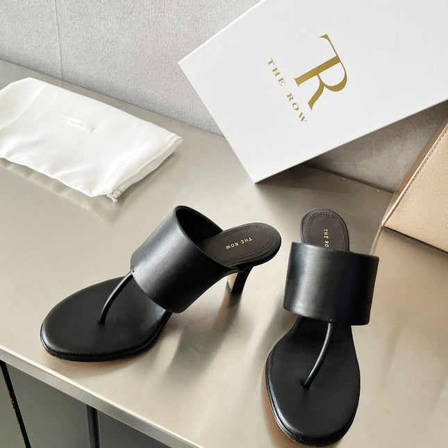 THE ROW 26S HEELED THONG MULES 60MM IN BLACK CALFSKIN
