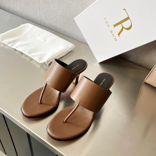 THE ROW 26S HEELED THONG MULES 60MM IN BROWN CALFSKIN