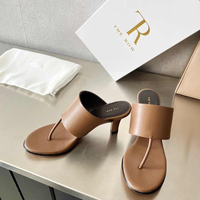 THE ROW 26S HEELED THONG MULES 60MM IN BROWN CALFSKIN