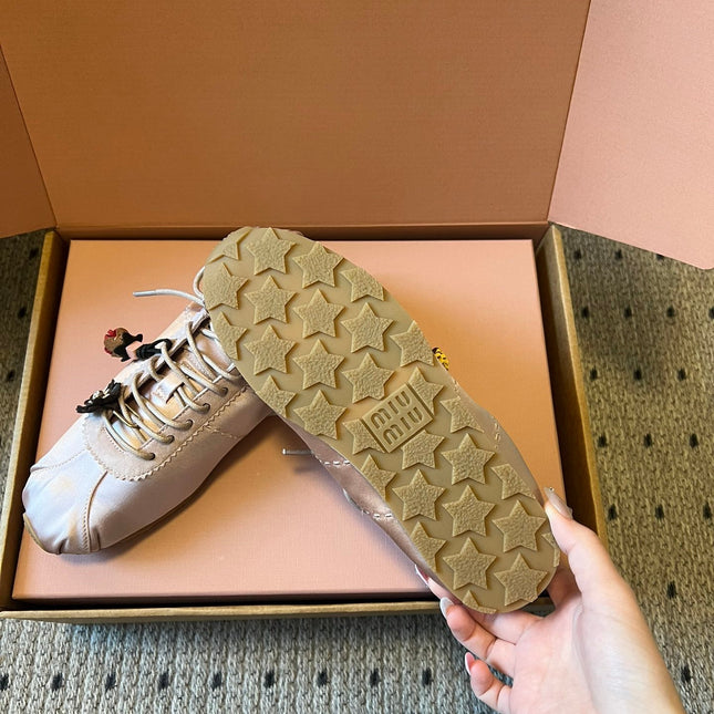 MIUMIU 26S SNEAKERS IN LIGHT PINK PLUME SATIN