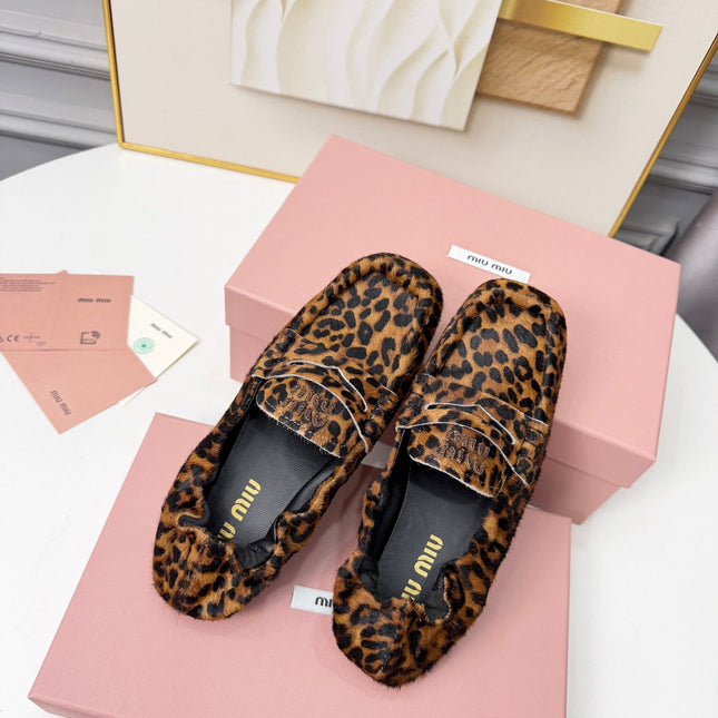 MIUMIU 26S RUCHES LOAFERS IN LEOPARD PRINT PONY HAIR