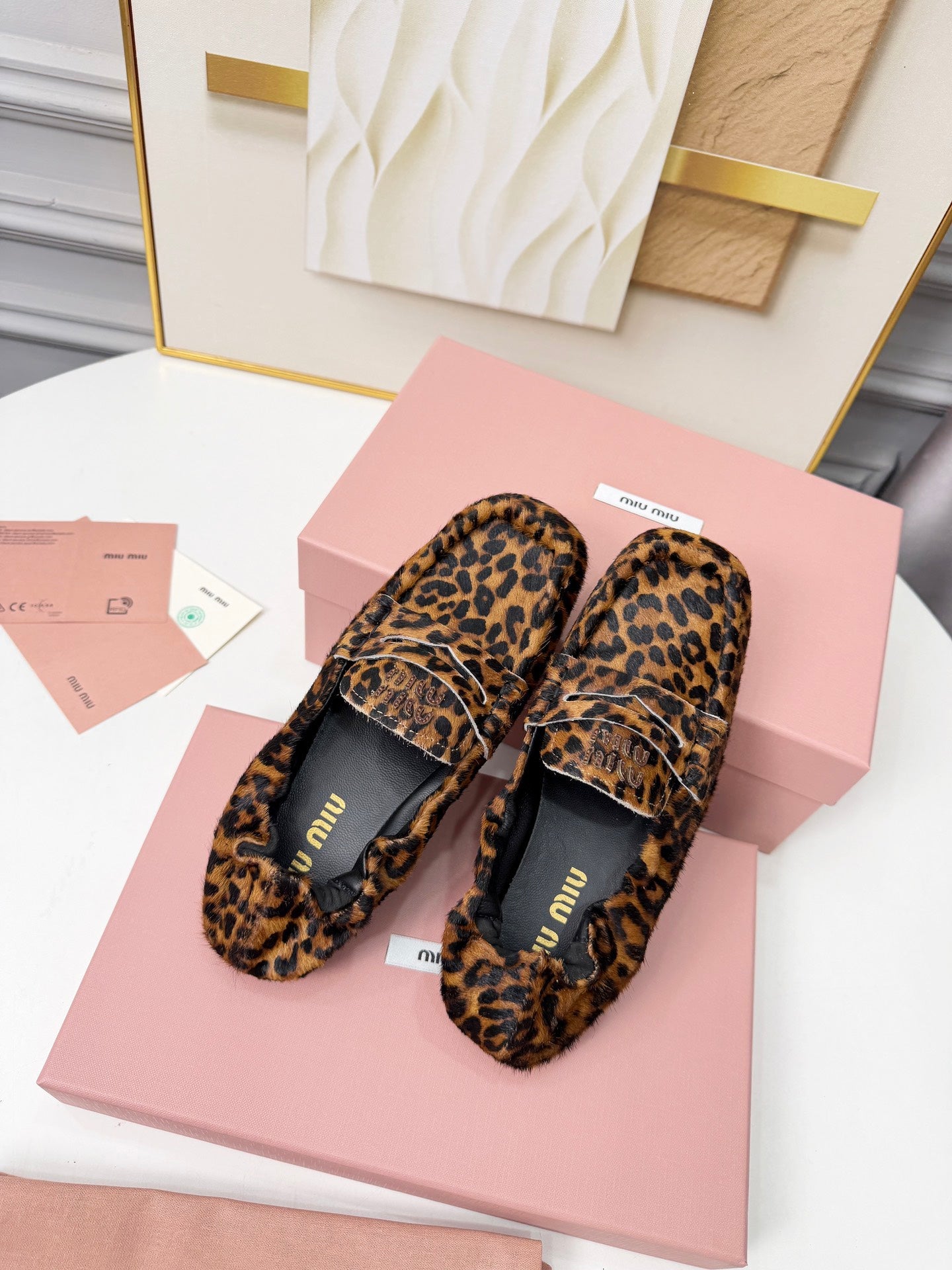 MIUMIU 26S RUCHES LOAFERS IN LEOPARD PRINT PONY HAIR