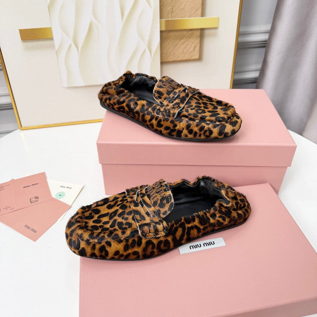 MIUMIU 26S RUCHES LOAFERS IN LEOPARD PRINT PONY HAIR