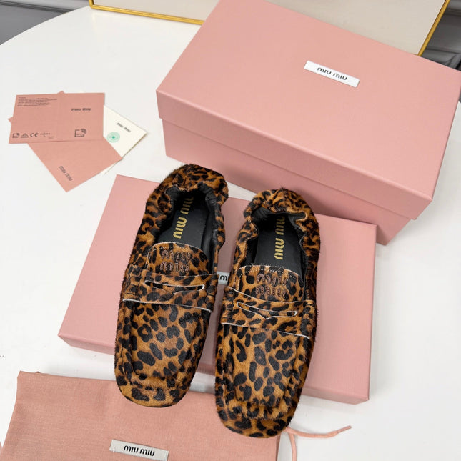 MIUMIU 26S RUCHES LOAFERS IN LEOPARD PRINT PONY HAIR
