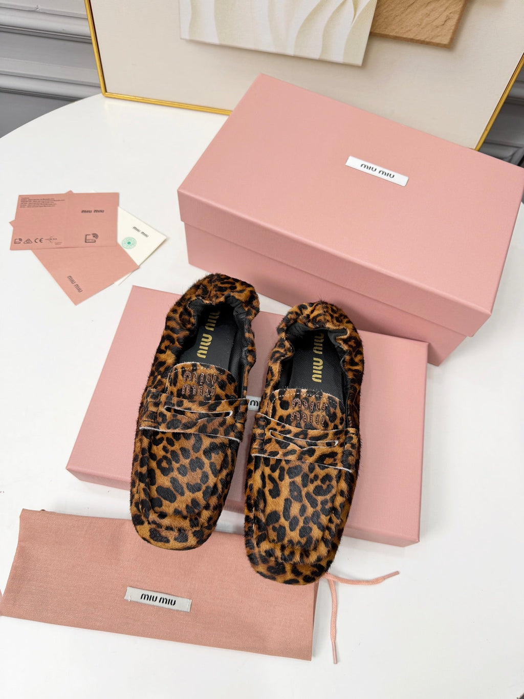 MIUMIU 26S RUCHES LOAFERS IN LEOPARD PRINT PONY HAIR