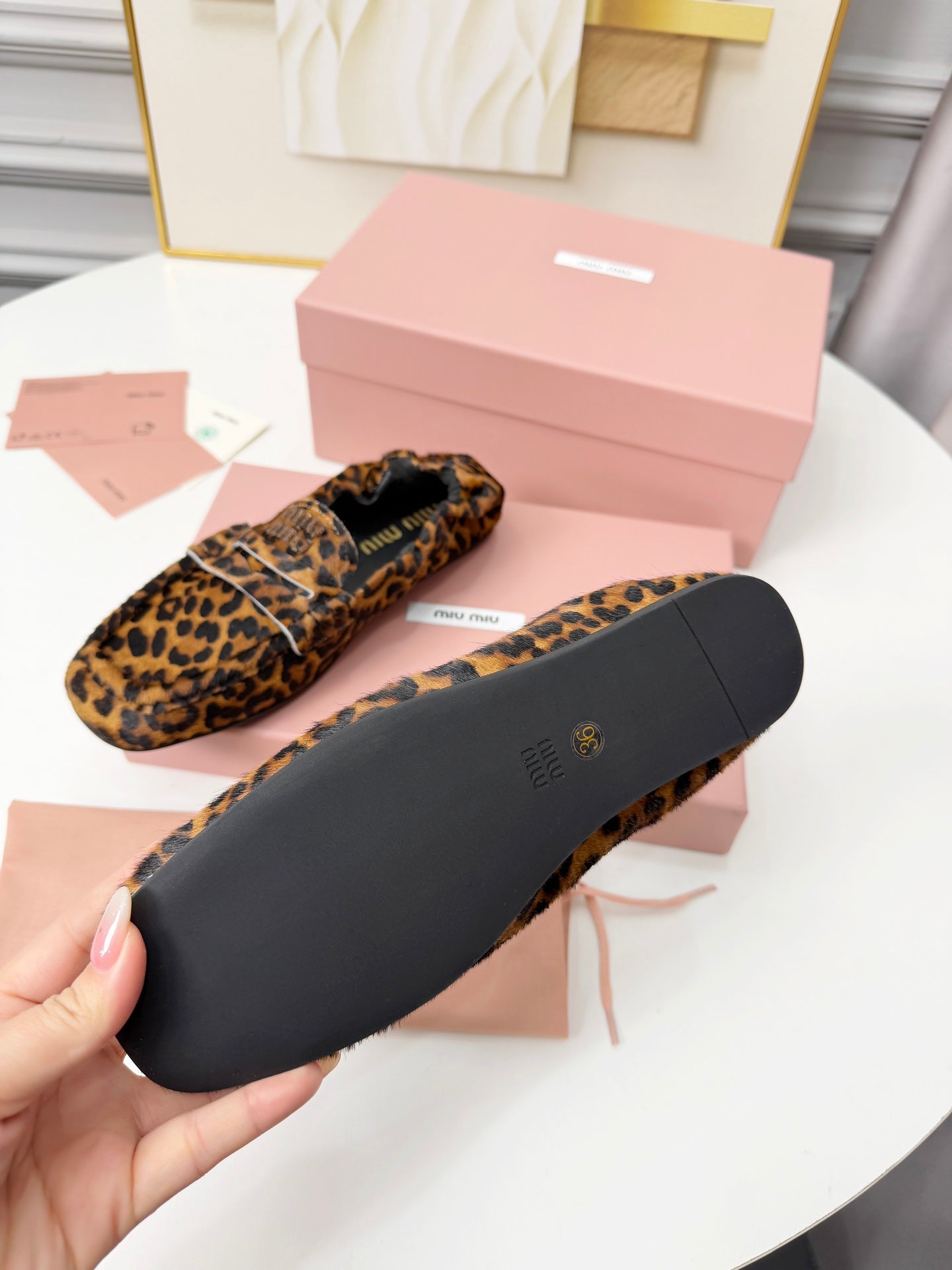 MIUMIU 26S RUCHES LOAFERS IN LEOPARD PRINT PONY HAIR