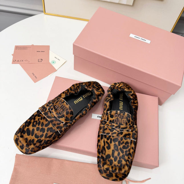 MIUMIU 26S RUCHES LOAFERS IN LEOPARD PRINT PONY HAIR