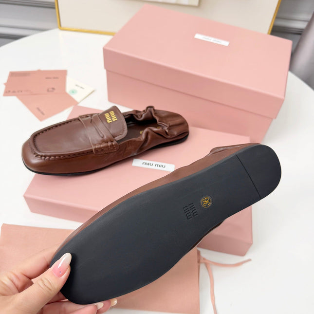 MIUMIU 26S RUCHES LOAFERS IN DARK BROWN LAMBSKIN